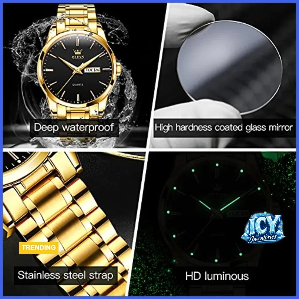 Stainless Steel Analog Quartz Watch with Luminous Hands Day Date Display